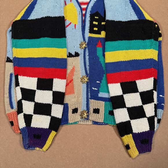 Vintage Teacher Americana Knit Cardigan USA Statue of Liberty Southwest Scene XL - Picture 6 of 8